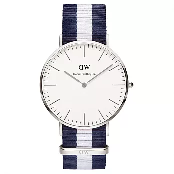 Daniel Wellington Glasgow時尚男錶-/銀框/藍白寬帶0204DW