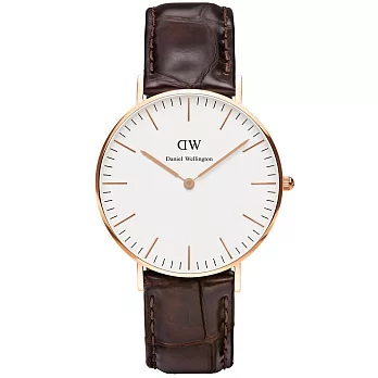 Daniel Wellington York風潮時尚皮帶女錶-玫瑰金框x咖啡