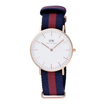 Daniel Wellington Oxford 時尚女錶-玫瑰金框白x藍紅帶