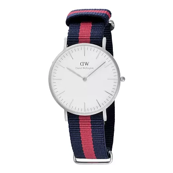 Daniel Wellington Oxford 時尚女錶-銀框白x藍紅帶