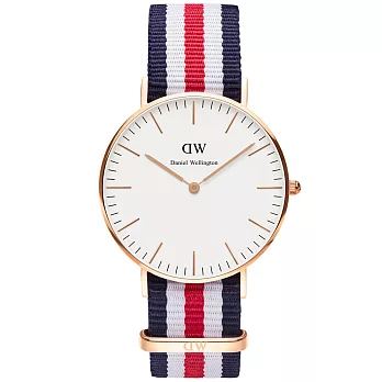 Daniel Wellington Canterbury 時尚女錶-玫瑰金框白x藍白紅帶