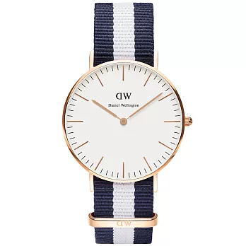 Daniel Wellington Glasgow 時尚女錶-玫瑰金框白x藍白帶