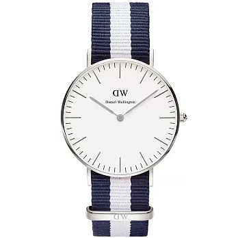 Daniel Wellington Glasgow 時尚女錶-銀框白x藍白帶