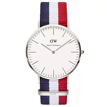 Daniel Wellington Cambridge時尚男錶-/銀框/藍白紅帶0203DW