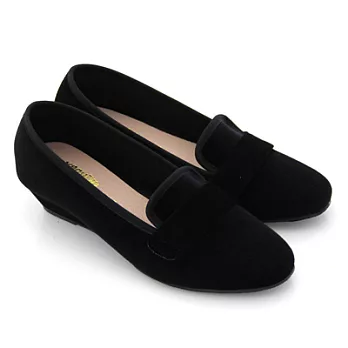 【Pretty】英倫風質感絨布低跟楔型樂福鞋24黑色