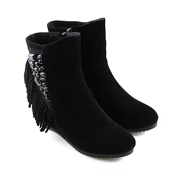 Green Phoenix都會率性流蘇壓克力水鑽斜角剪裁內增高短靴35黑色