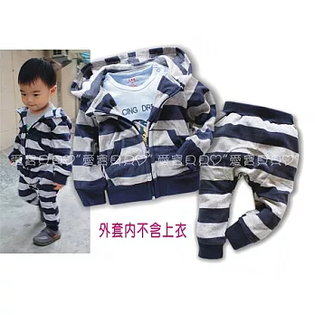 小童棉絨套裝 長袖 厚綿 含帽 外套 長褲 2件組~12M藍灰色條紋