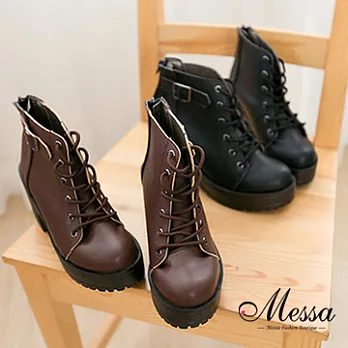 【Messa米莎】(MIT) 金屬皮帶飾扣綁帶造型馬丁中筒靴36黑色