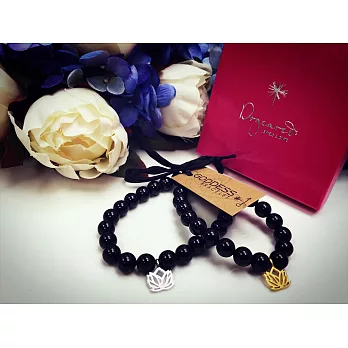 Dogeared 限量訂製 嶄新開始蓮花 銀墜&金墜 Onyx 黑曜石彈性手鍊 情侶對組