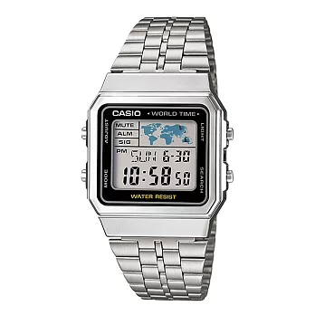 CASIO 環遊探險復古電子腕錶-黑框銀