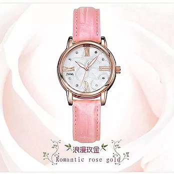 【PREMA】3929印花玫瑰 晶鑽時標女錶/皮帶錶(粉色)