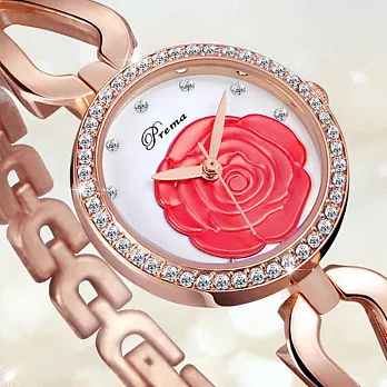 【PREMA】5026立體浮雕玫瑰花精緻時尚女錶(紅色主教)