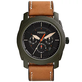 FOSSIL 霹靂戰警三眼計時腕錶-綠x咖啡皮帶