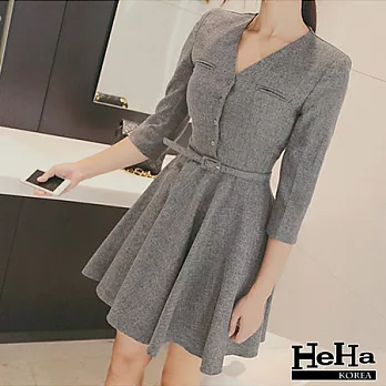 洋裝 七分袖收腰V領荷葉裙擺洋裝(贈腰帶)-HeHa-L*