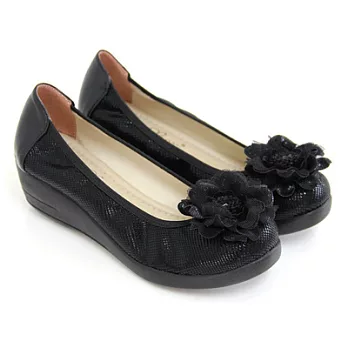 【Pretty】典雅花朵格紋厚底包鞋23.5黑色