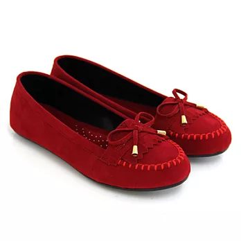 【Pretty】質感流蘇蝴蝶結莫卡辛休閒平底鞋23.5紅色