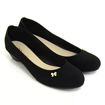 【Pretty】簡約小巧蝴蝶結金飾低跟包鞋23.5黑色