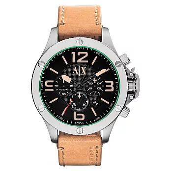 A│X Armani Exchange 卓見品味時尚都會三眼腕錶-綠黑x淺褐皮帶