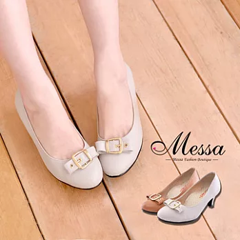 【Messa米莎】(MIT) 知性甜心金飾穿扣蝴蝶結內真皮低跟包鞋-兩色35灰色