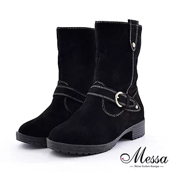 【Messa米莎】手感皮帶扣飾男孩風絨面中筒靴 -三色36黑色