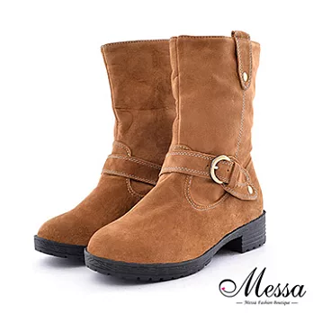 【Messa米莎】手感皮帶扣飾男孩風絨面中筒靴 -三色36棕色