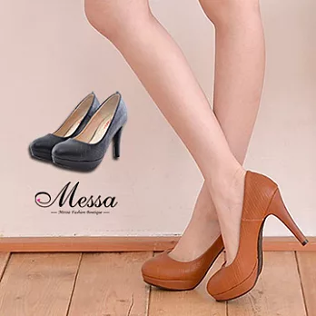 【Messa米莎】(MIT) 法國女伶輕時尚仿蛇紋內真皮高跟包鞋-兩色35棕色