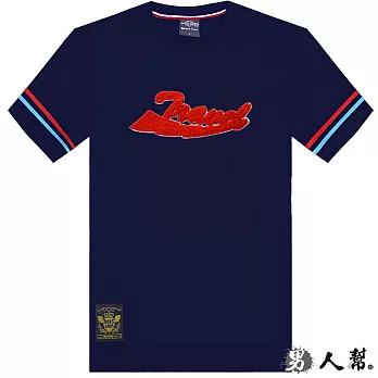 【男人幫】T1118*【TRAVEL英文字母貼布袖口拼接條紋短袖T恤】丈青色 2XL號