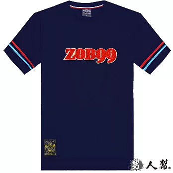 【男人幫】T1120*【ZOBOO99英文字母貼布袖口拼接條紋短袖T恤】丈青色 2XL號