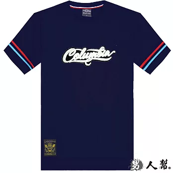 【男人幫】T1123*【Columbia英文字母貼布袖口拼接條紋短袖T恤】丈青 2XL號