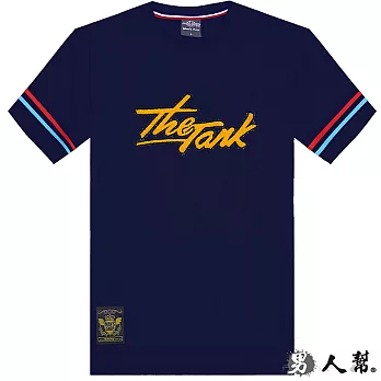 【男人幫】T1124*【The Tank英文字母貼布袖口拼接條紋短袖T恤】丈青色2XL號