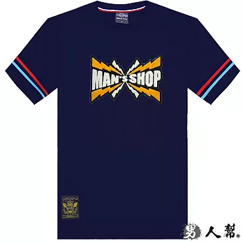 【男人幫】T1125*【閃電MANSHOP英文字母貼布袖口拼接條紋短袖T恤】丈青色 2XL號
