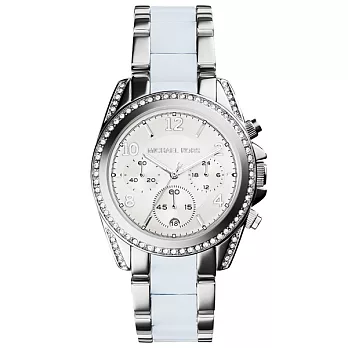 Michael Kors皇冠公主三顯晶鑽腕錶-銀X藍