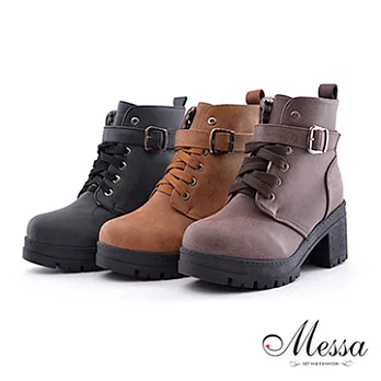 【Messa米莎】中性少女繫帶式環帶短筒軍靴 -三色35咖啡色