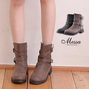 【Messa米莎】帥氣搖滾鉚釘環帶式中筒靴-兩色38咖啡色