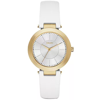 DKNY 曙光派對時尚腕錶-金框x白皮帶