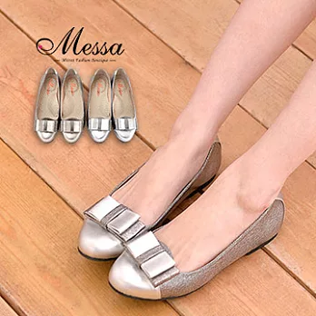 【Messa米莎】(MIT)冷調金屬色蝴蝶結內真皮平底包鞋 -兩色35銀色