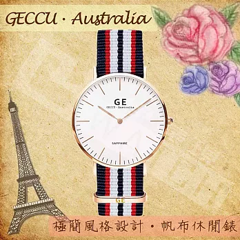 【GECCU】GE-GECCU．Australia經典極簡風格 帆布休閒錶-玫瑰金七線_藍帆布