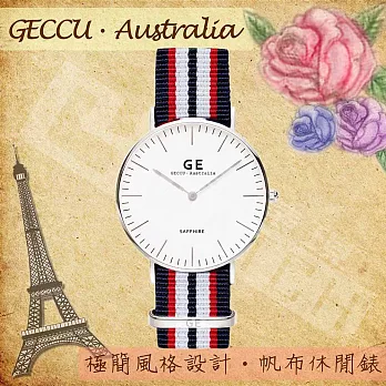 【GECCU】GE-GECCU．Australia經典極簡風格 帆布休閒錶-銀框七線_藍帆布