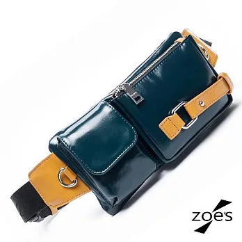 【Zoe’s】頂級牛皮 英倫時尚 雙口袋 休閒腰包(海軍藍)