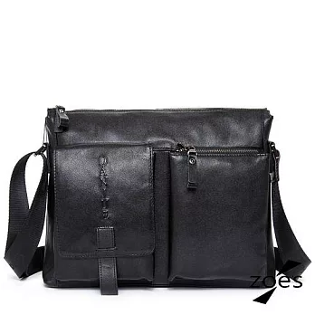 【Zoe’s】嚴選頭層牛皮 荔枝紋 雙口袋 斜揹隨身包(尊爵黑)