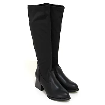 【Pretty】簡約率性彈性萊卡拼接粗跟長靴22.5黑色