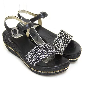 ◤Green Phoenix◥優柔古典漸層色編織水鑽寬版全真皮繫踝厚底涼鞋4.5黑色