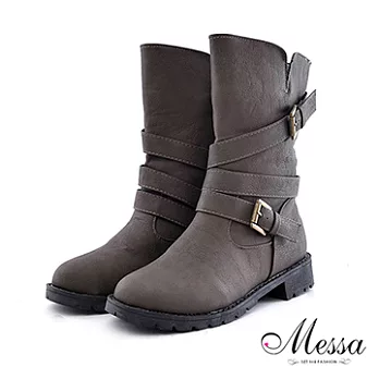 【Messa米莎】韓國雜誌款騎士風帥氣皮帶中筒靴-四色38灰色