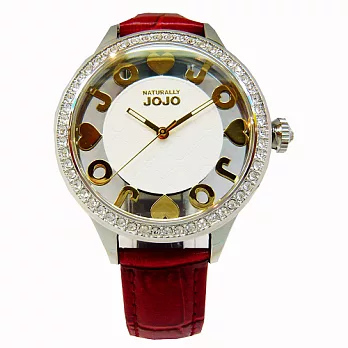 NATURALLY JOJO 真愛永留傳鏤空晶鑽時尚優質腕錶-紅皮革-JO96855-15F