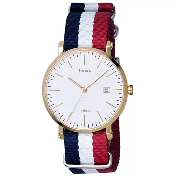 LICORNE entrée 極簡生活風日期腕錶-金X藍白紅
