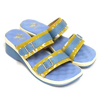 【Pretty】雙帶式皮扣拼接休閒楔形拖鞋35黃色