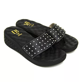 【Pretty】簡約亮鑽厚底楔形夾腳拖鞋36黑色