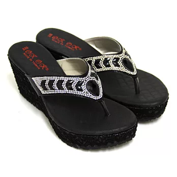 【Pretty】璀璨奢華蕾絲拼接楔型厚底夾腳拖鞋22.5黑色