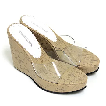 【Pretty】透明系木紋坡跟厚底楔型拖鞋22.5白色
