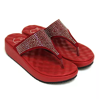 【Pretty】華麗鑽面彈性墊楔型夾腳拖鞋24紅色